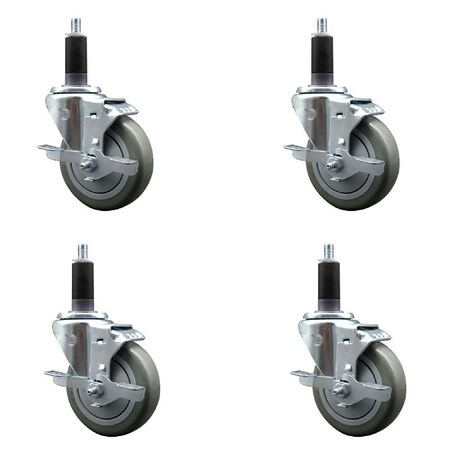 Service Caster 4'' Gray Poly Swivel 1-1/8'' Expanding Stem Caster Set with Brake, 4PK SCC-EX20S414-PPUB-TLB-118-4